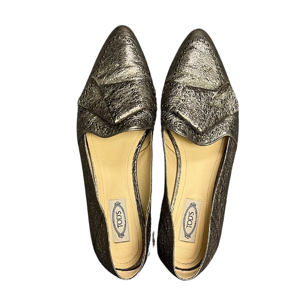 Tod's Metallic Leather Studded Bow Ballet Flats